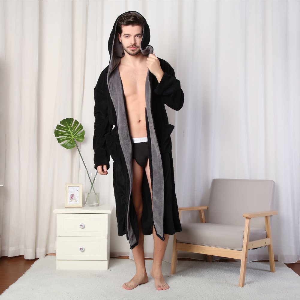 Kemusi Hooded Herringbone Mens Black Soft Spa Full Lenght Bathrobe With Grey Kimono Shawl Collar(M)