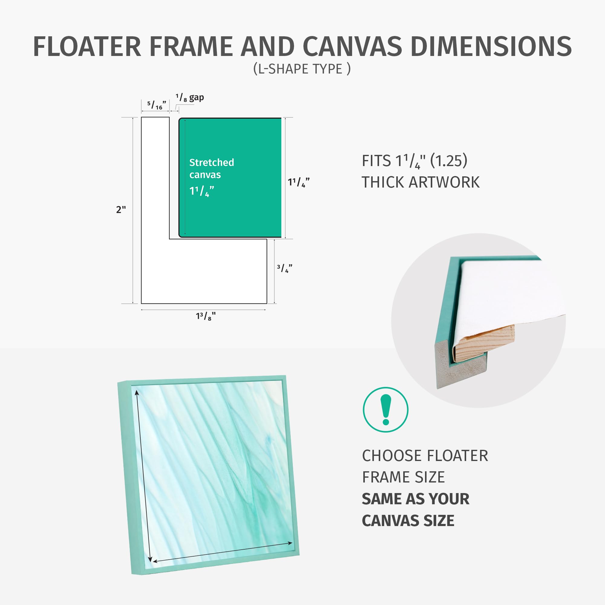 Pixy Canvas Floater Frame 12X12 For 1-1/4 (1.25) Inch Deep Canvas Paintings/Canvas Prints/Wood Canvas Panels/Wall Art/Wall Decor