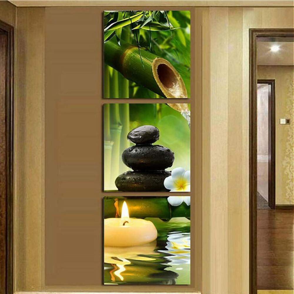 Taomi Bamboo Wall Art For Bathroom Zen Stone Canvas Painting Contemporary Bamb   Meditation Yoga Wall Decor Spa Natural Green Pl