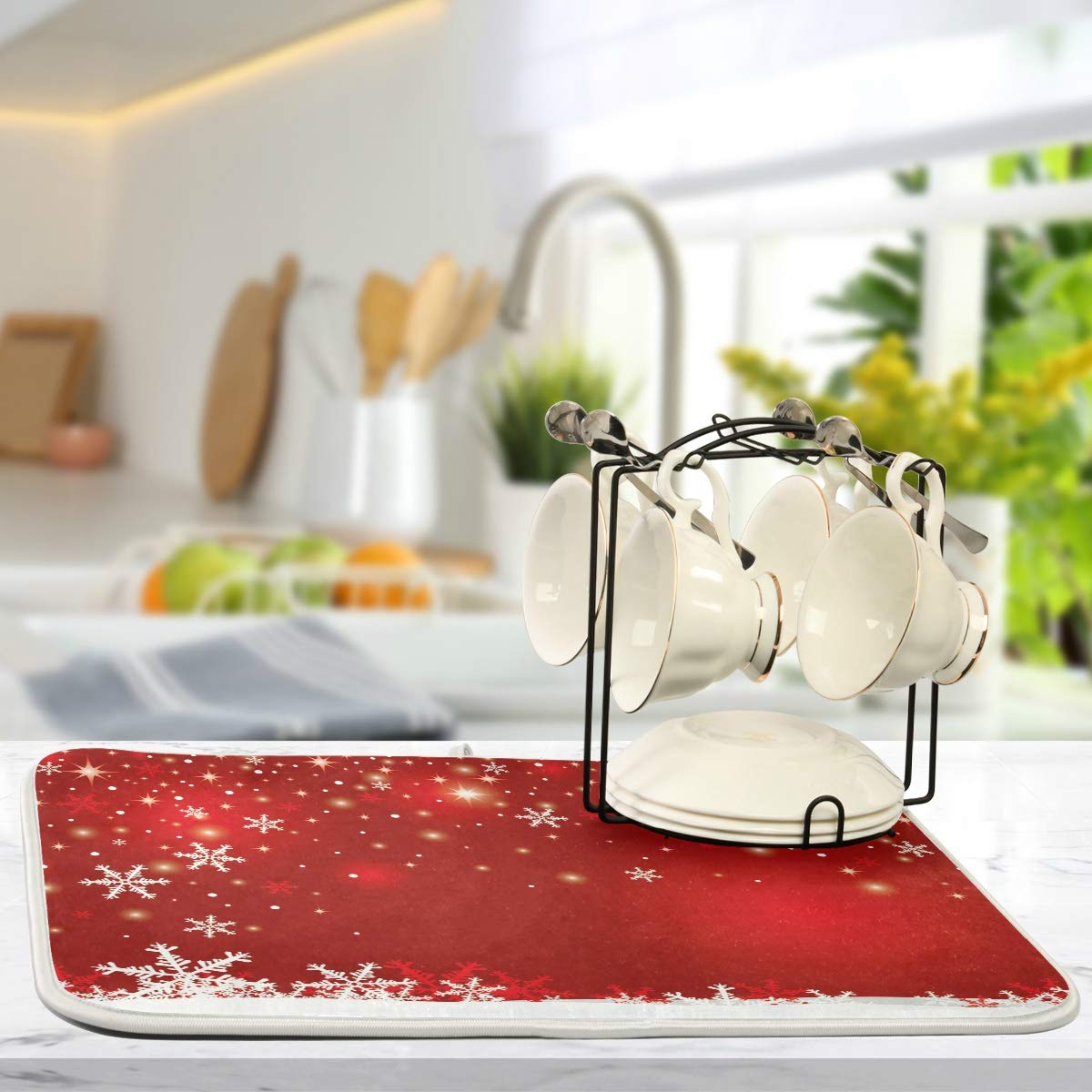 Christmas White Snowflake On Red Background Dish Drying Mat 16x18 inch Dish Drainer Kitchen Counter Mats Bottles Dish Dry Pad Protector for Kitchen Countertops