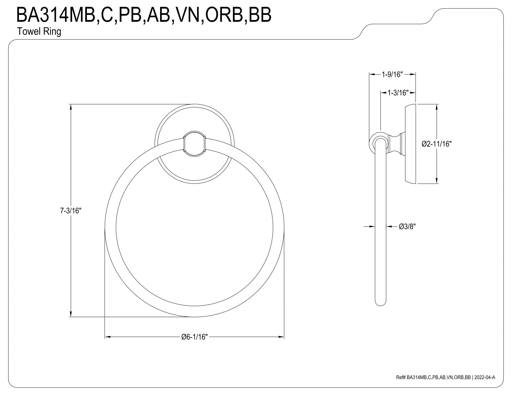 Kingston Brass BA314C Classic Towel Ring  Polished Chrome