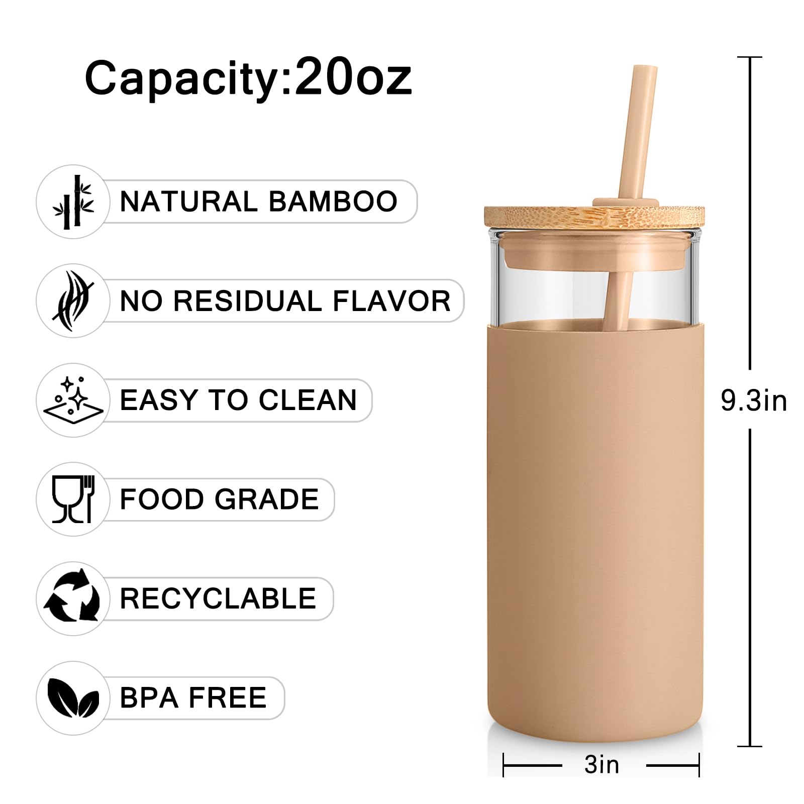 Tronco 20 Oz Glass Tumbler Glass Water Bottle Straw Silicone Protective Sleeve Bamboo Lid - Bpa Free (Blackish Green/ 1Pack)