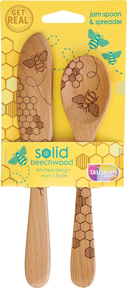 Talisman Designs Beechwood Spoon And Spreader Laser Etched Honey Bee Design, Set Of 2, Jam Spoon & Spreader