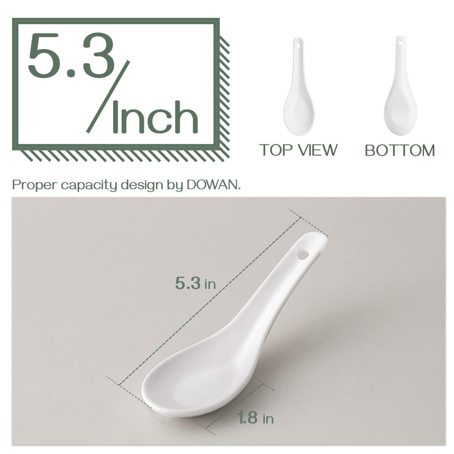 Dowan 5.3'' Asian Soup Spoons Set Of 12 - White Ceramic Dessert Spoons- Perfect For Pho, Miso, Wonton, Ramen, Dumpling, Macaron
