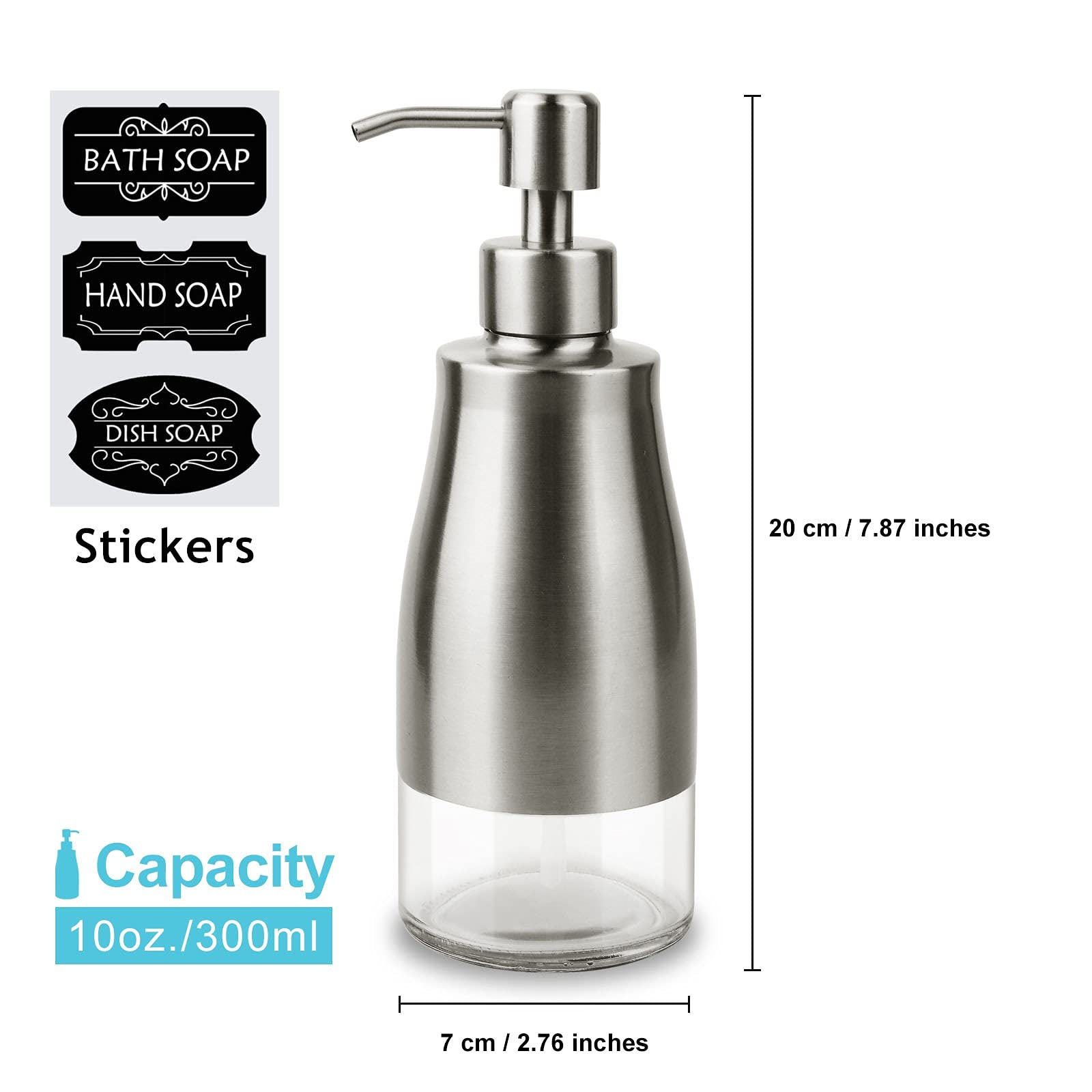 Aumio Dish Soap Dispenser With Stickers, Kitchen Soap Dispenser Brushed Nickel Stainless Steel And Glass Combined, Refillable Li
