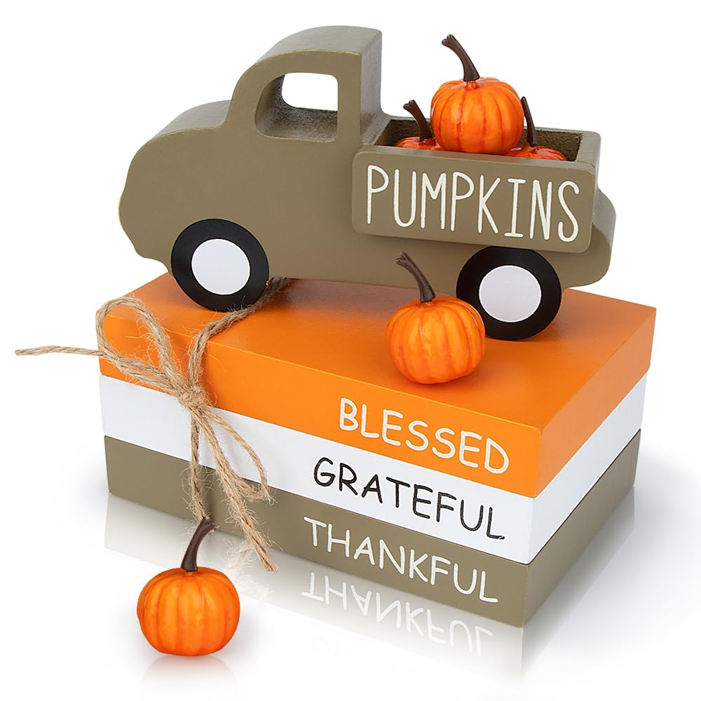 AKEROCK Fall Table Decor, Farmhouse Wooden Fall Signs with Book Stack, 3D Truck and 5 Individual Pumpkins for Tiered Tray, Coffe