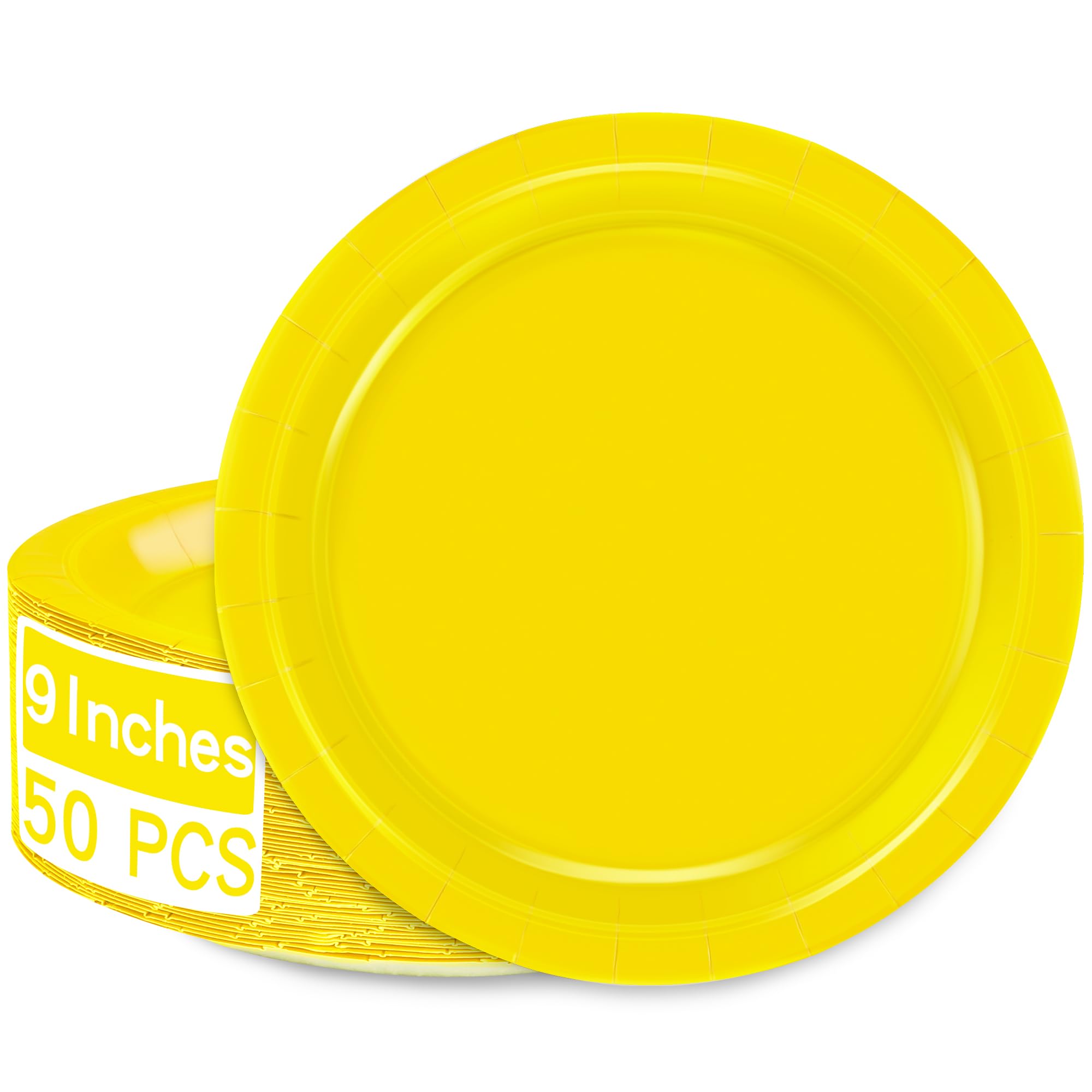QZYL Disposable Paper Plates Set, 50 PCS Yellow Dinner Paper Plates, Round 9 Inches Party Tableware Pack for Daily Meal Picnic A