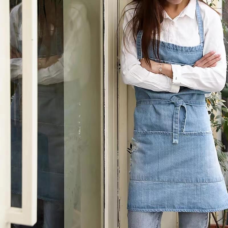 Jowcud Denim Apron With 5 Pockets For Cooking Kitchens,Hairstylist Aprons For Women Men,Adjustable Bib Jean Apron For Arts Garde