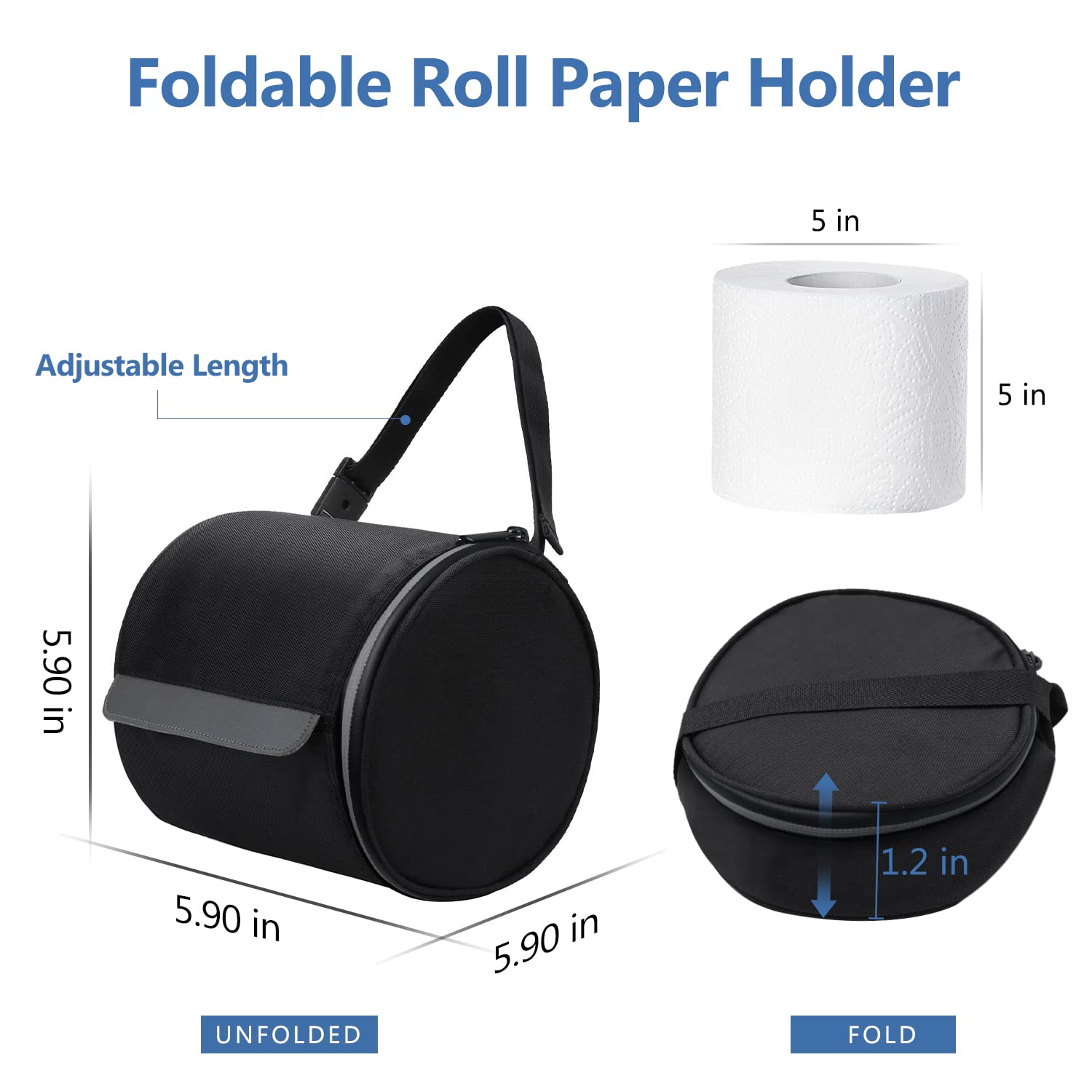 Hanging Toilet Paper Holder Waterproof Tissue Holder Cat Proof Roll Paper Case Cover Portable and Foldable Roll Storage Bag with Adjustable Strap for Wall Car Camping Tent Home Office Black