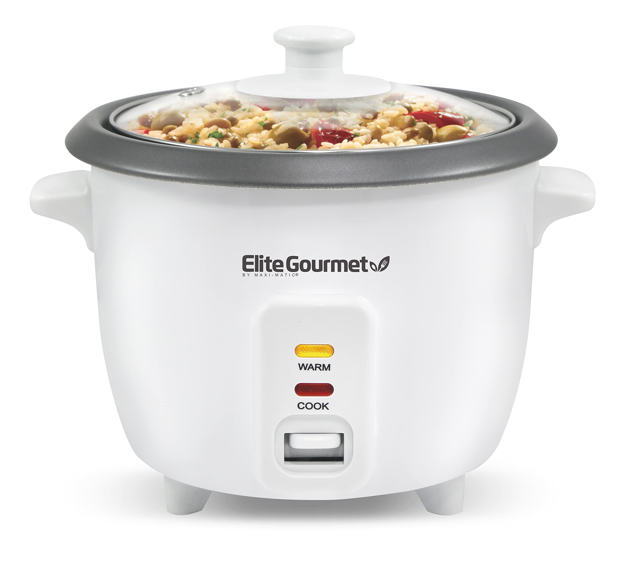 Elite Gourmet Electric Rice Cooker ERC-006NST, 6 Cups Cooked, Non-Stick Pot, White, Vented Tempered Glass Lid