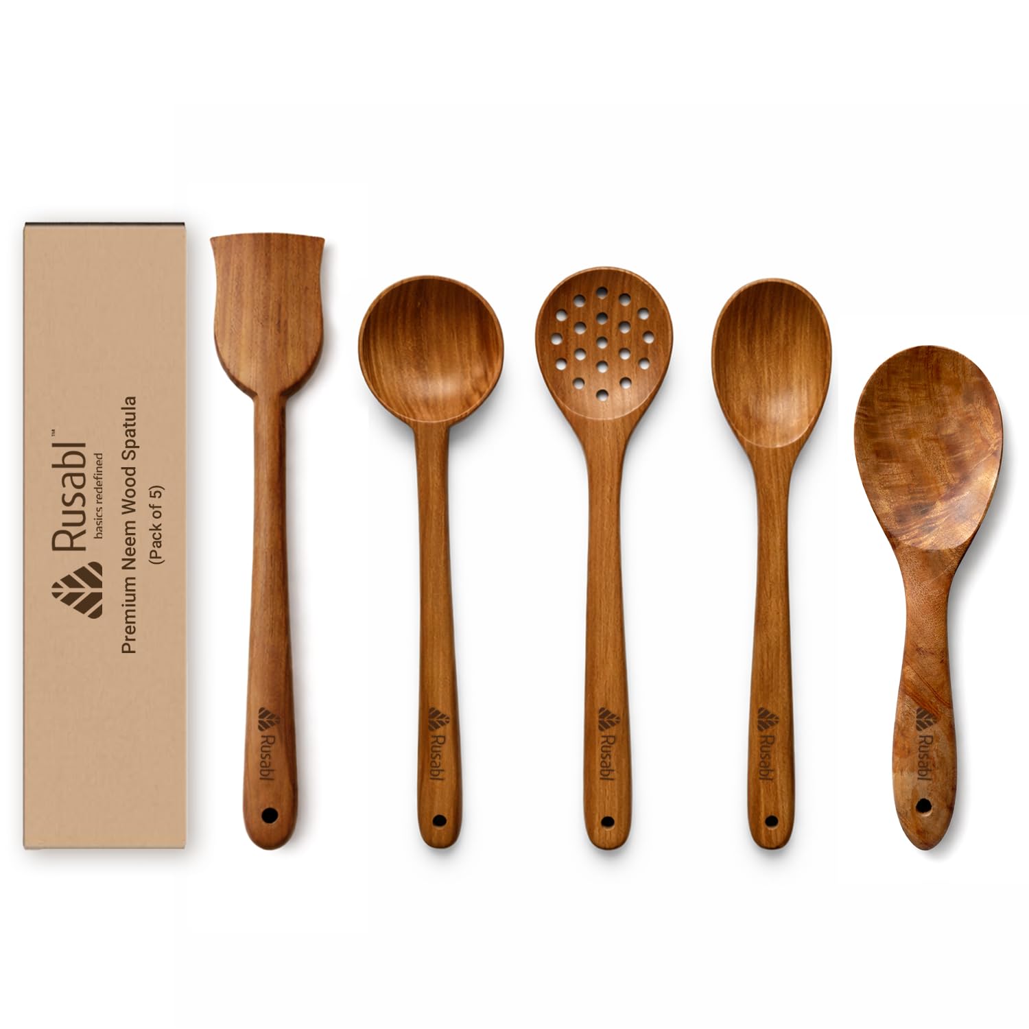Rusabl Pack Of 5 Neem Wood Spatula For Roti & Dosa, Spoonula, Slotted Spoon, Ladle & Serving Spoon, FoodSafe, Handmade, No Harm