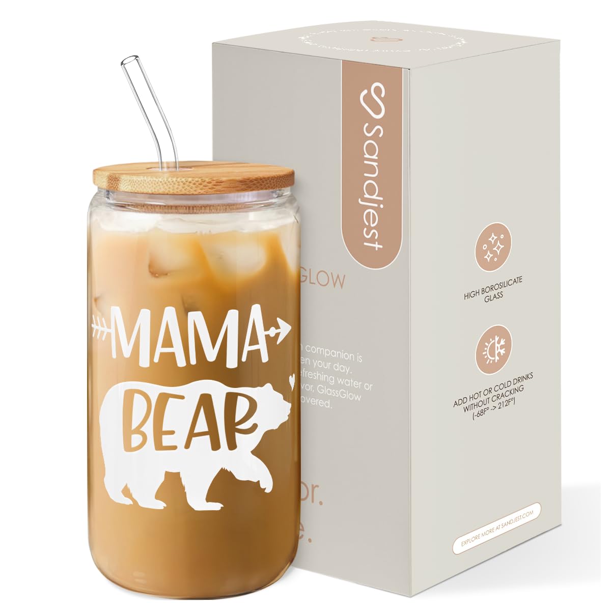 Gifts for Mom from Daughter Son - Mom 16 Oz Can Glass Coffee Cup with Bamboo Lid & Straw - Mothers Gift for Women on Birthday Mo