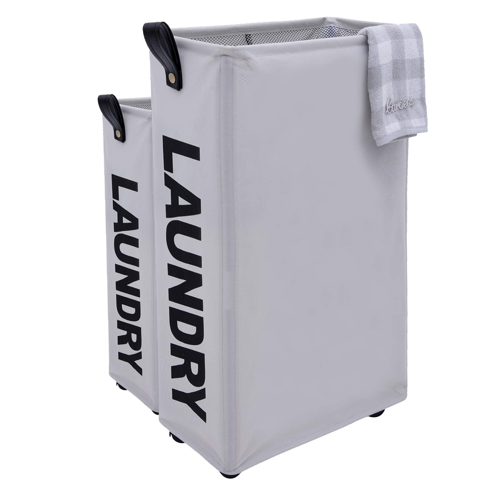 Caroeas X-Large Slim Laundry Baskets 65L Tall With Leather Handle, Laundry Basket On Wheels, Collapsible Laundry Hamper, Rolling