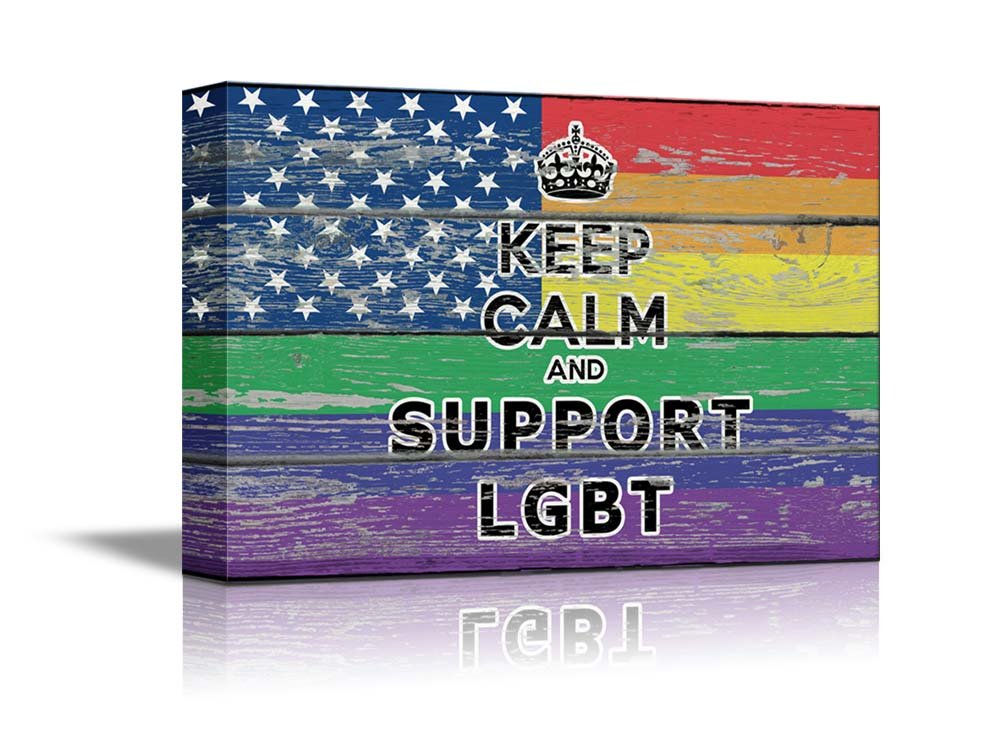 Wall26 - Canvas Prints Wall Art - Keep Calm And Support Lgbt Vintage Rainbow Color Usa Flag On Wood Board - 12'' X 18''