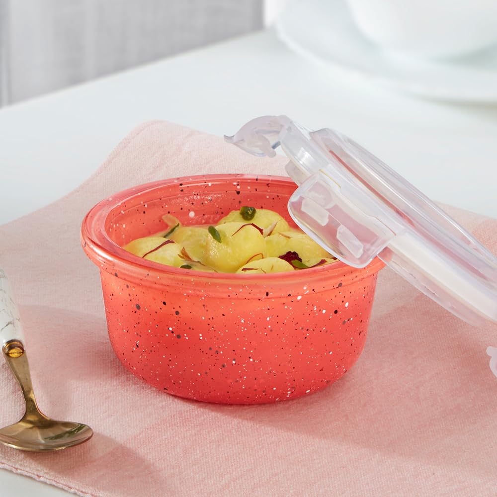 Borosil 240 Ml Kube Pink Food Storage Container With Air Tight Lid | Round Shape Borosilicate Glass Organiser | Microwave & Dish