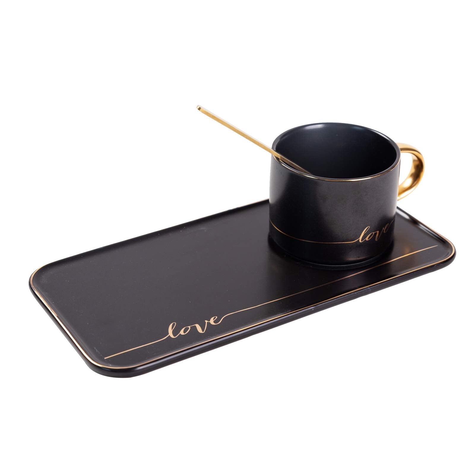 Tj Gobal Porcelain Coffee Mug, Tea Cup With Saucer And Golden Spoon With Gold Scripted Love And Trim For Coffee, Hot Chocolate,