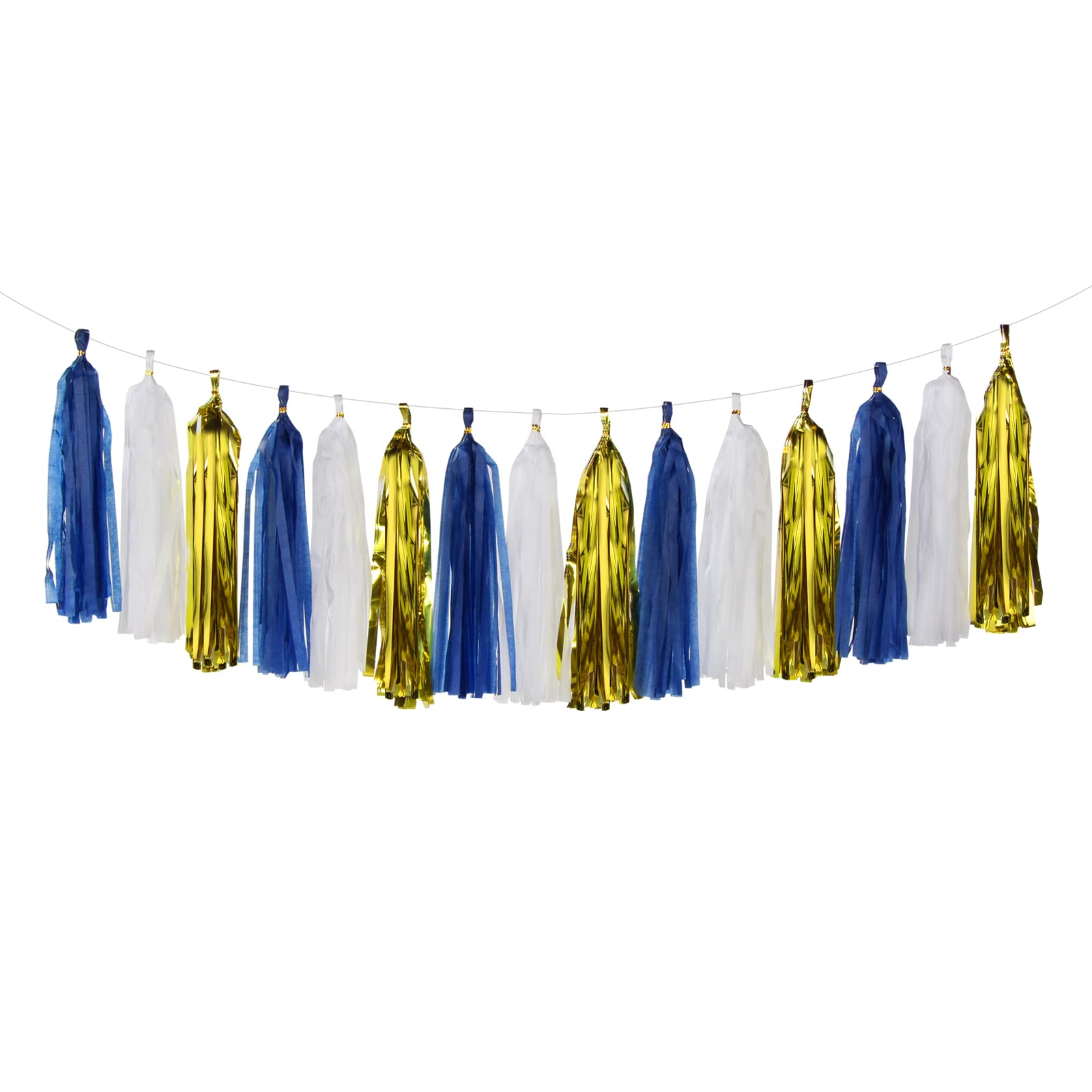 Navy-Blue White-Gold Tassel Garland Streamers- 15pcs Tissue Paper Tassels Banner Party Decorations Men Boy Birthday Graduation B