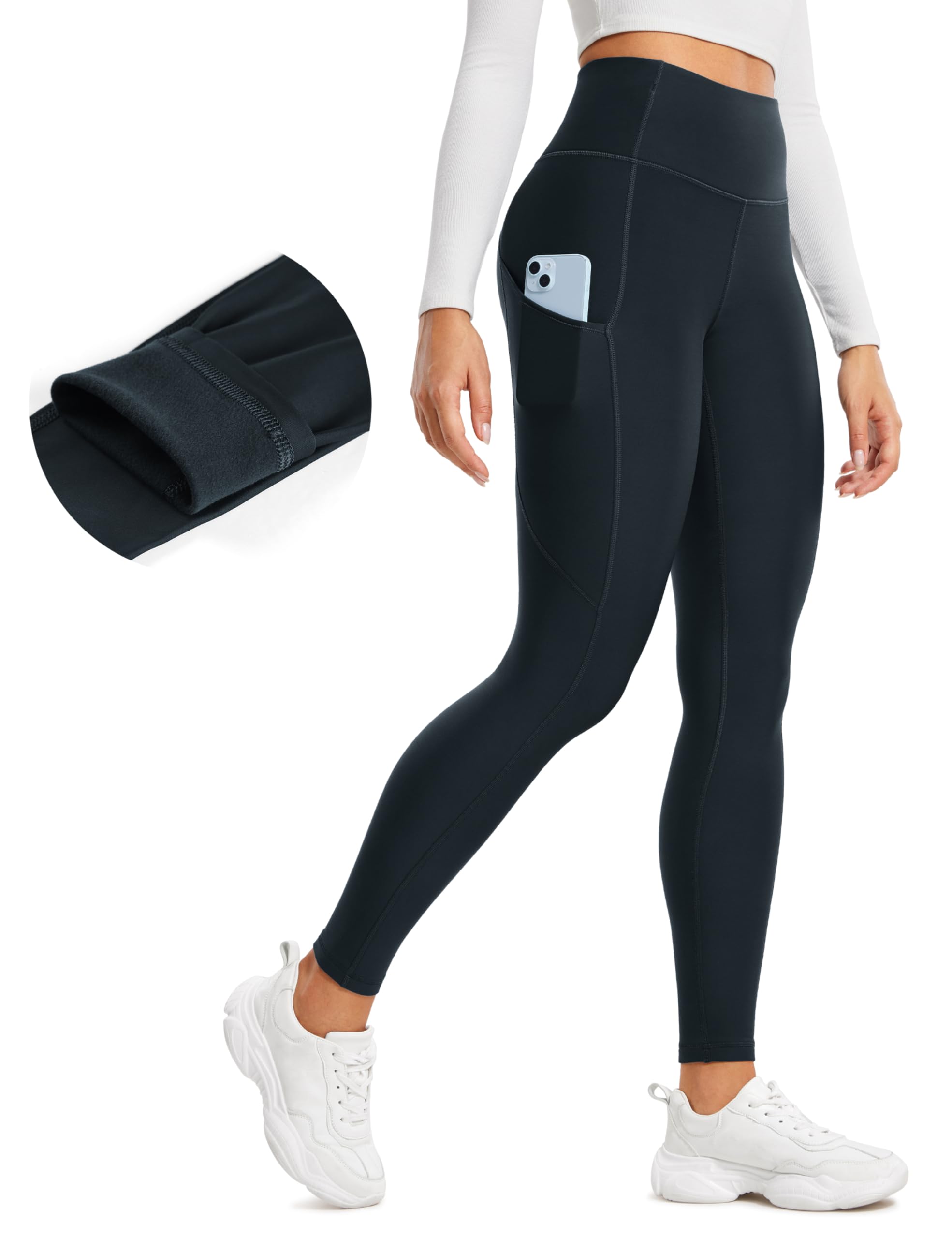Crz Yoga Thermal Fleece Lined Leggings Women 28 - Winter Warm High Waisted Hiking Pants With Pockets Workout Running Tights True