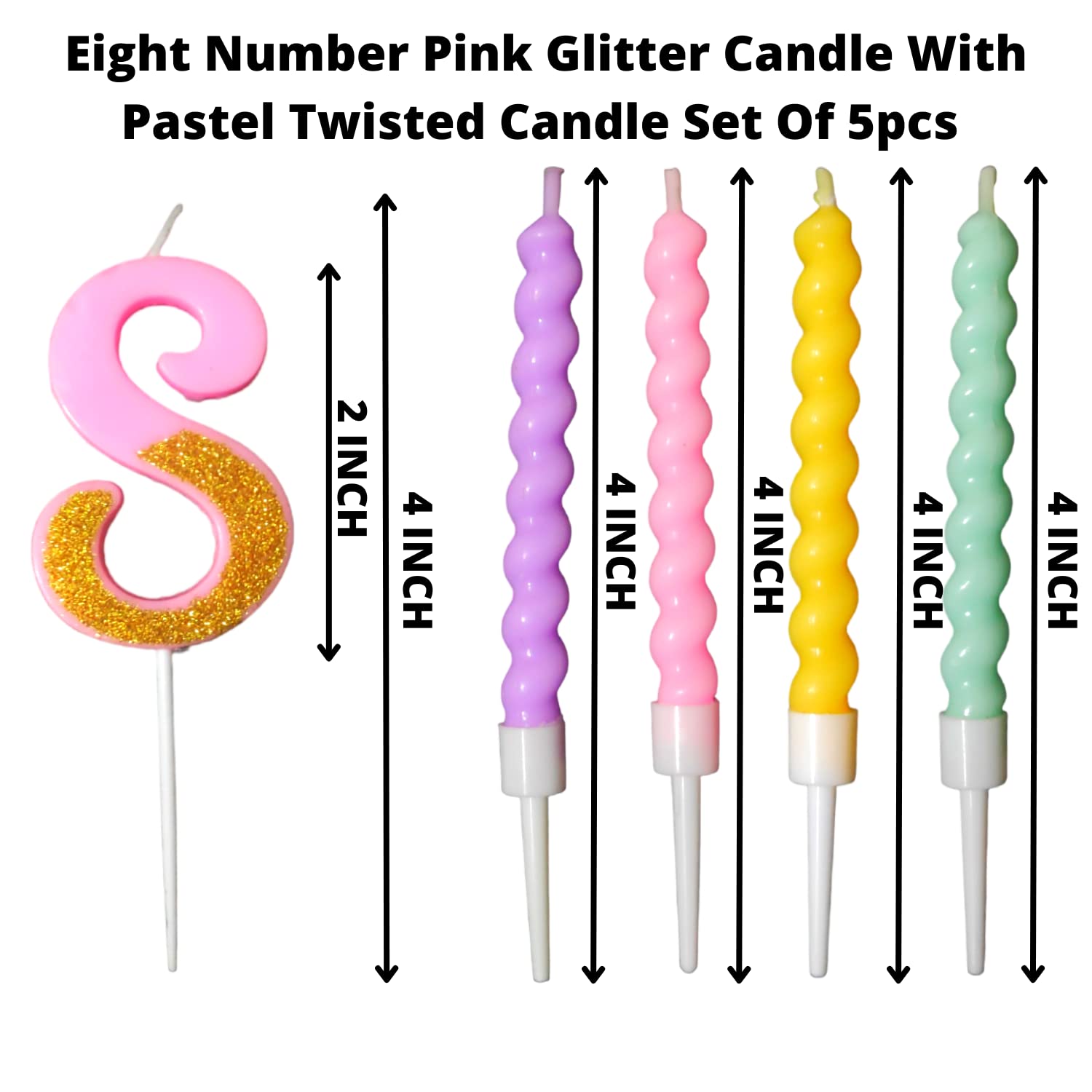 Party Decorz Number 8 Candle | Eight Number Candle | Eight Number Pink Glitter Candle with Pastel Twisted Candle Set of 5pcs for