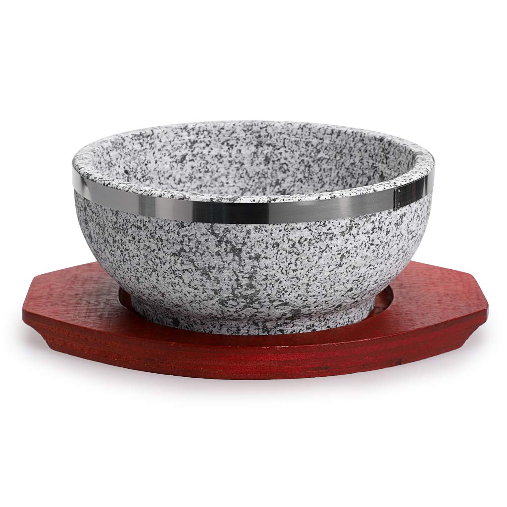 Mdluu Dolsot Bibimbap Bowl 32 Oz, Granite Stone Bowl With Wood Base, Dolsot Pot For Korean Soup, Rice And Stew