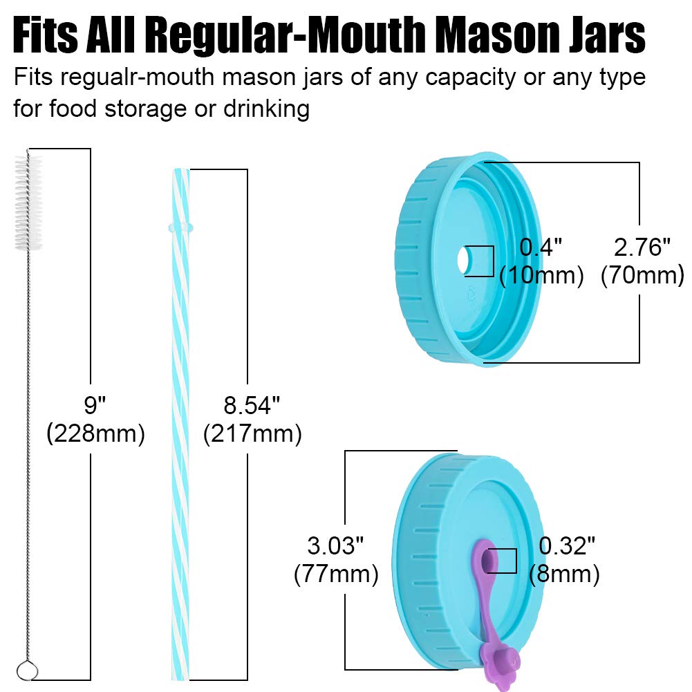Regular Mouth Mason Jar Lids For Ball, Kerr, Etc With Straw Hole/Straws/Silicone Stoppers/Rings/Clean Brush, Bpa Free Colored Pl