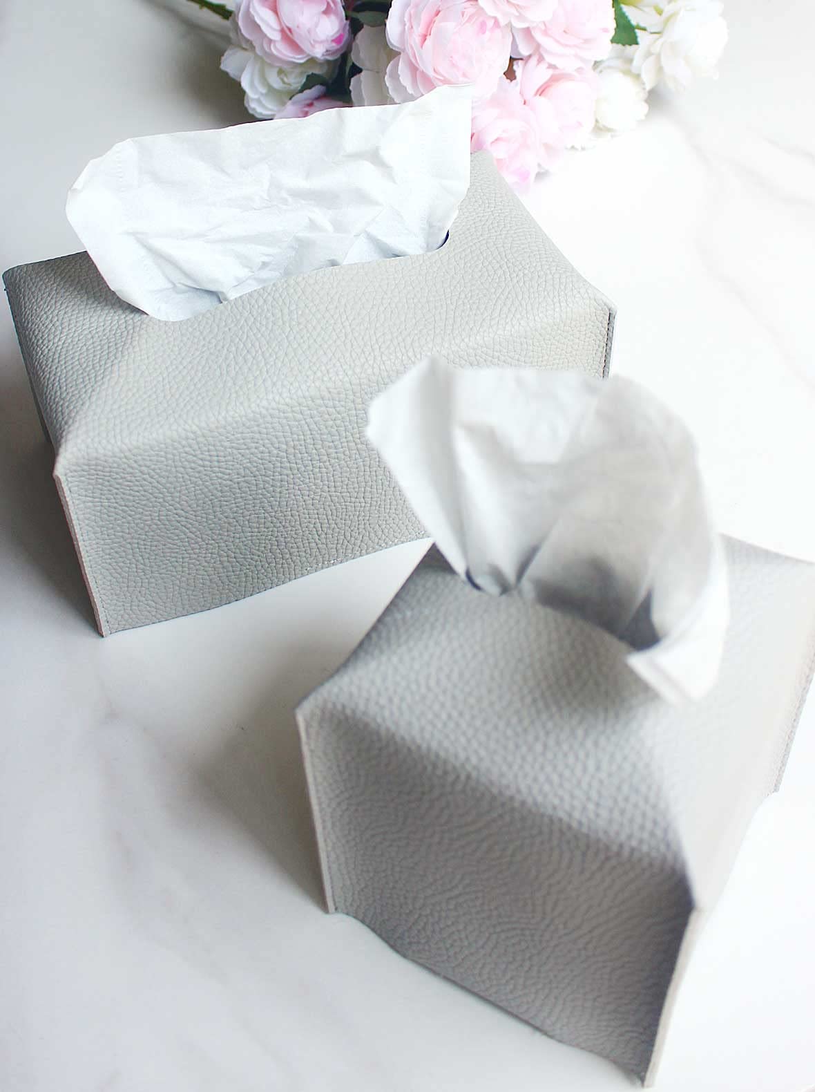 Large Rectangle Tissue Box Cover - Plus Size Tissue Box Holder Long With Bottom Belt [Jesmini, Light Gray] Faux Leather Rectangu
