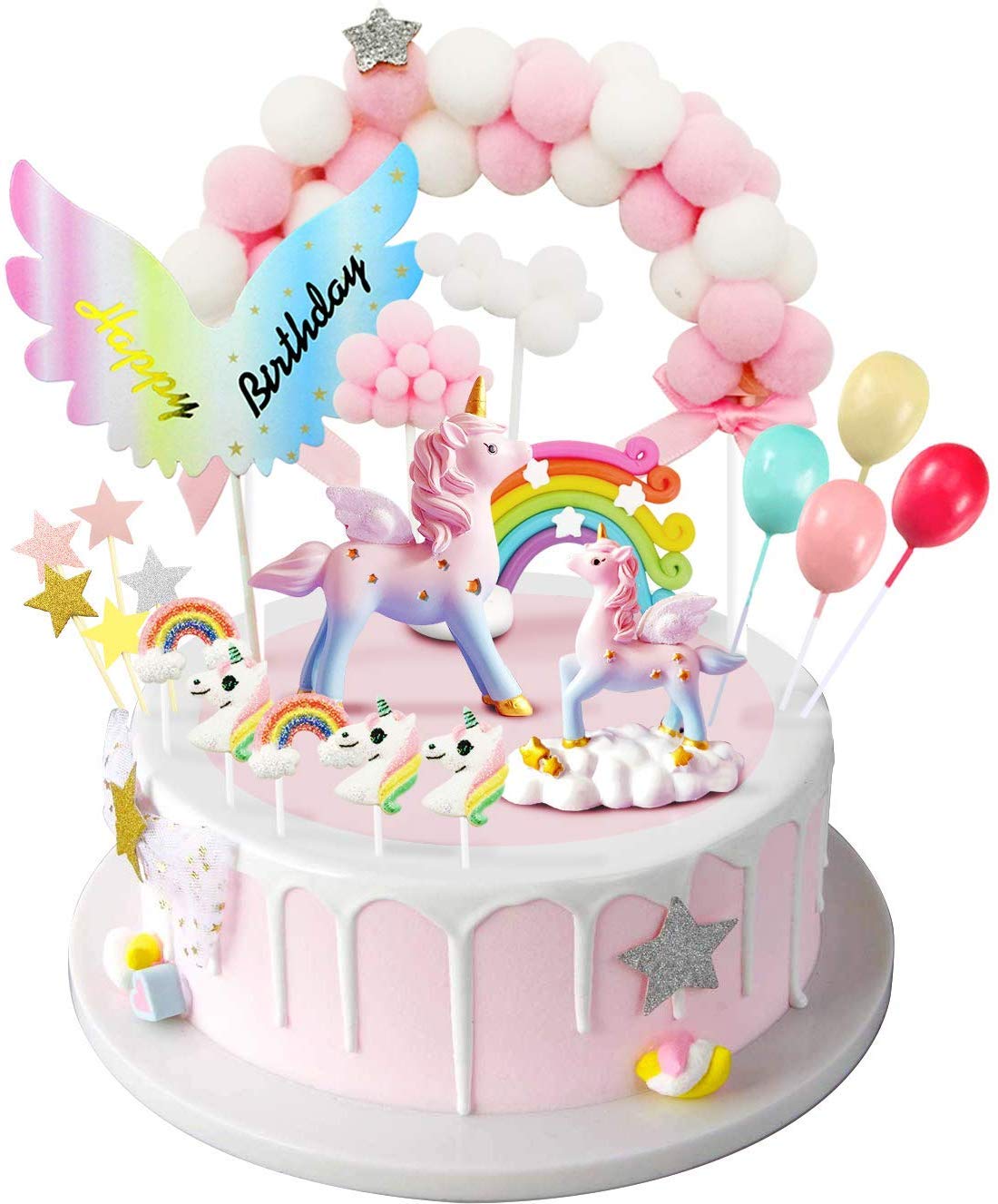 Movinpe Unicorn Cake Topper, Magic Unicorns Sculpture, Pink Hairball Arch, Rainbow, Wings Birthday Banner, Cloud, Balloon, Stars