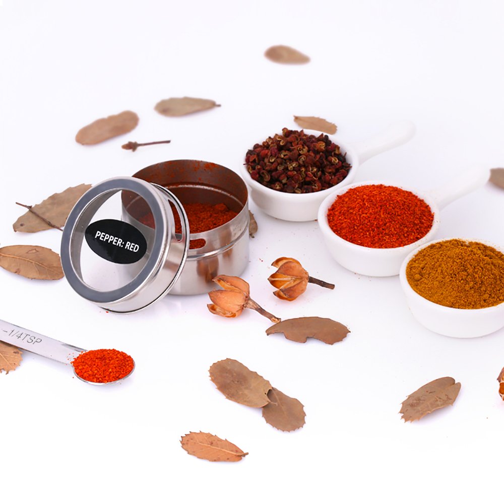 Hanindy 24 Magnetic Spice Tins, 200 Spice Labels, 4 Stainless Steel Measuring Spoons Magnetic Spice Containers Organizer Storage
