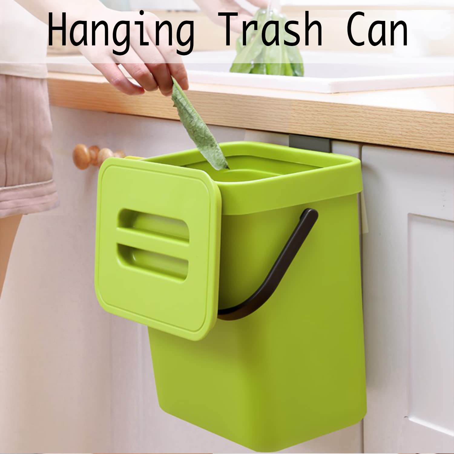 LALASTAR Small Plastic Trash Can  Hanging Small Trash Can with Lid Under Sink for Kitchen  Food Waste Bin for Countertop  Mountable Garbage Can for Bathroom  RV  5L/1.3 Gal  Green