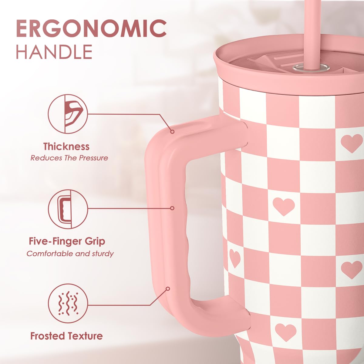 40oz Checkered and Heart Tumbler with Handle and Straw - Insulated Stainless Steel Travel Coffee Mug for Women Girls, Gift for B
