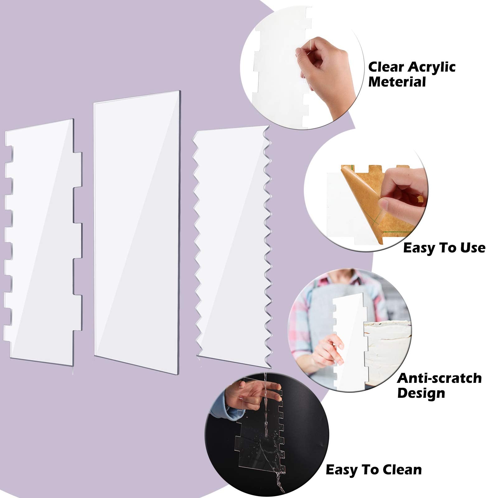 3 Pieces Cake Scrapers Clear Acrylic Cake Icing Scraper Frosting Buttercream Large Cake Smoother Scraper Cake Edge Stripe Combs
