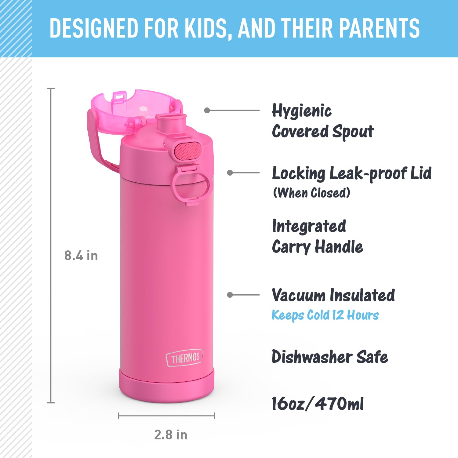 Thermos Funtainer 16 Ounce Stainless Steel Vacuum Insulated Bottle With Wide Spout Lid, Neon Pink