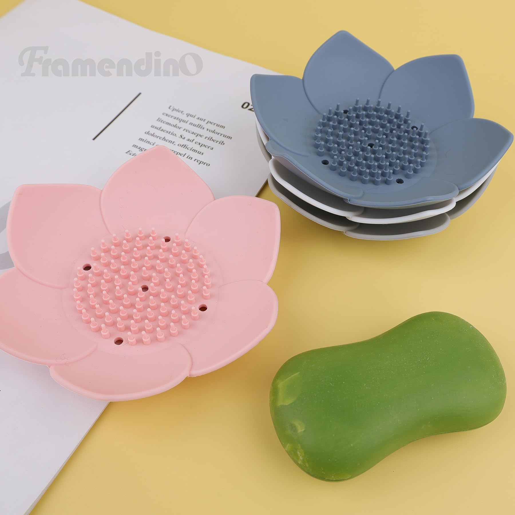 Framendino, 4 Pack White Silicone Soap Dishes Non-Slip Floral Shaped Design Self-Draining Sponge Bar Soap Holder For Shower Bath