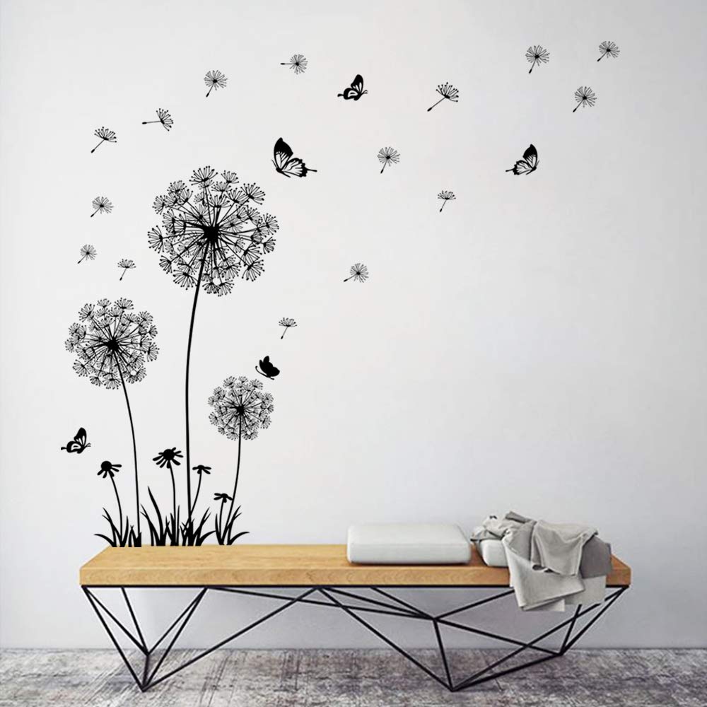 Decalmile Dandelion Wall Decals Flying Flowers Butterflies Wall Stickers Dandelion Wall Art Living Room Bedroom Decor (Black)