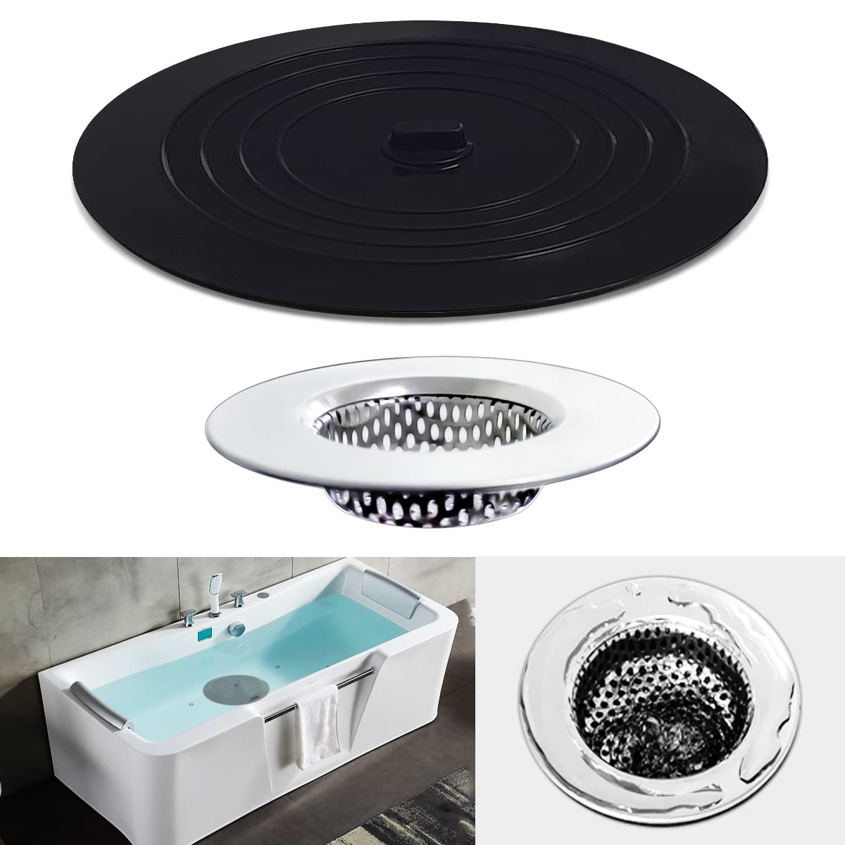 Huntonry 2Pcs Bathtub Strainer Stopper Kit, Shower Drain Hair Catcher With Large Stopper, Bathroom Drain Cover, Hair Filter For