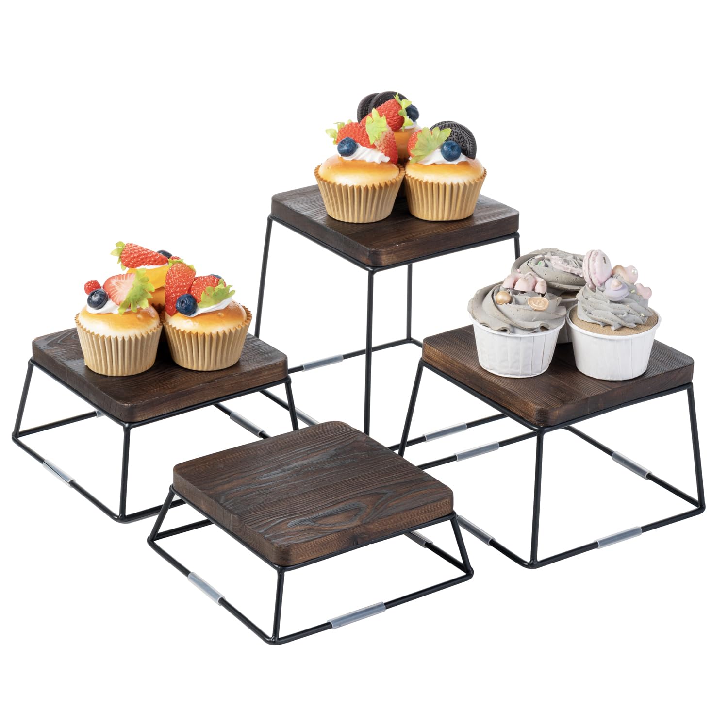 MyGift Burnt Wood & Black Metal Wire Square Retail Food Display Risers/Pizza Stands  Set of 4