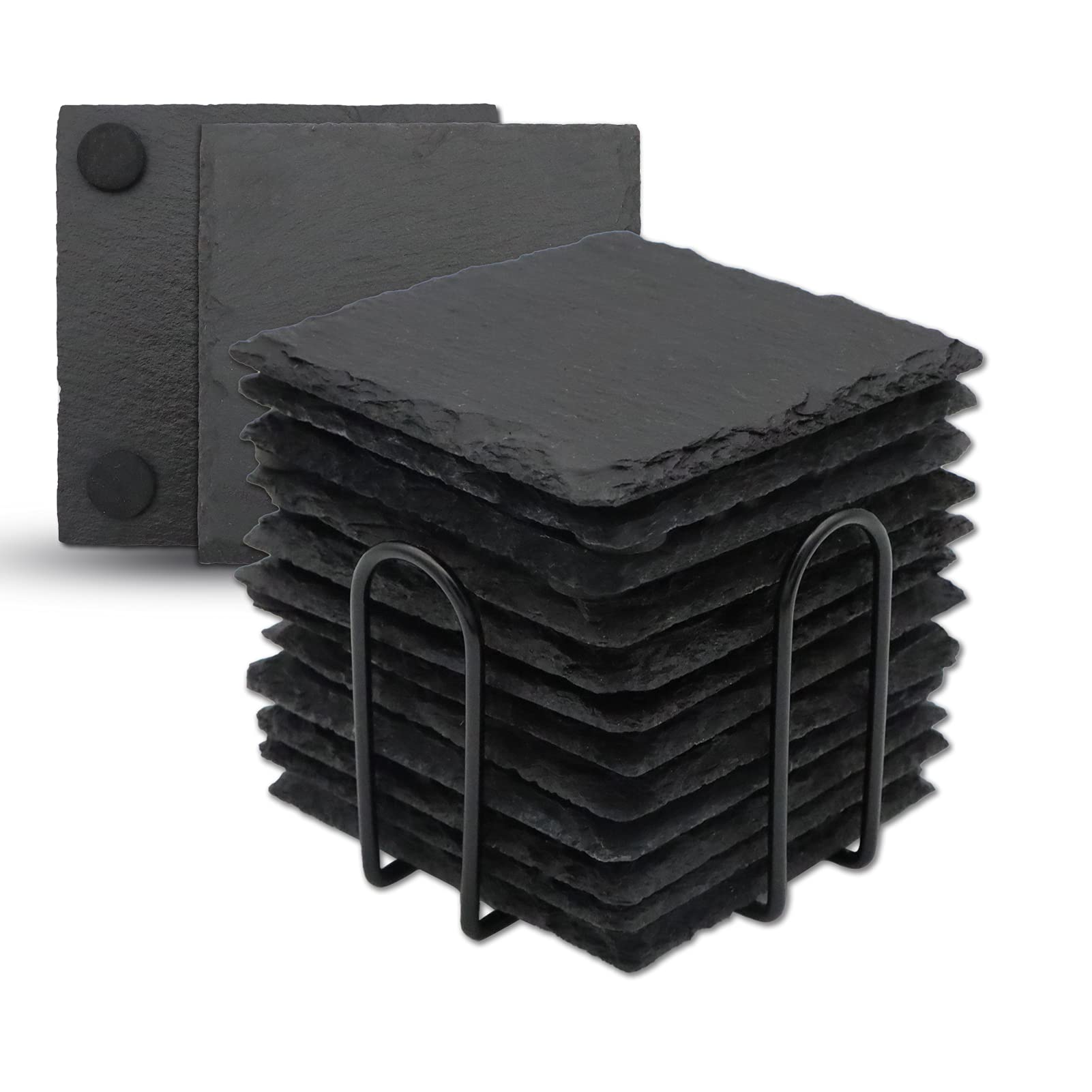 12 Pack Slate Drink Coasters With Metal Holder, Vibratite 4 Inch Black Slate Stone Coasters Bulk Laser Engraving Blanks With Ant