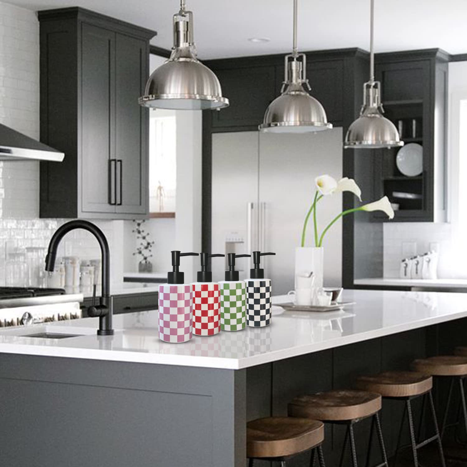 Bathroom Soap Dispenser With Matte Black Pump White Ceramic Soap Dispenser For Kitchen Checkerboard Empty Pump Bottle (Black)