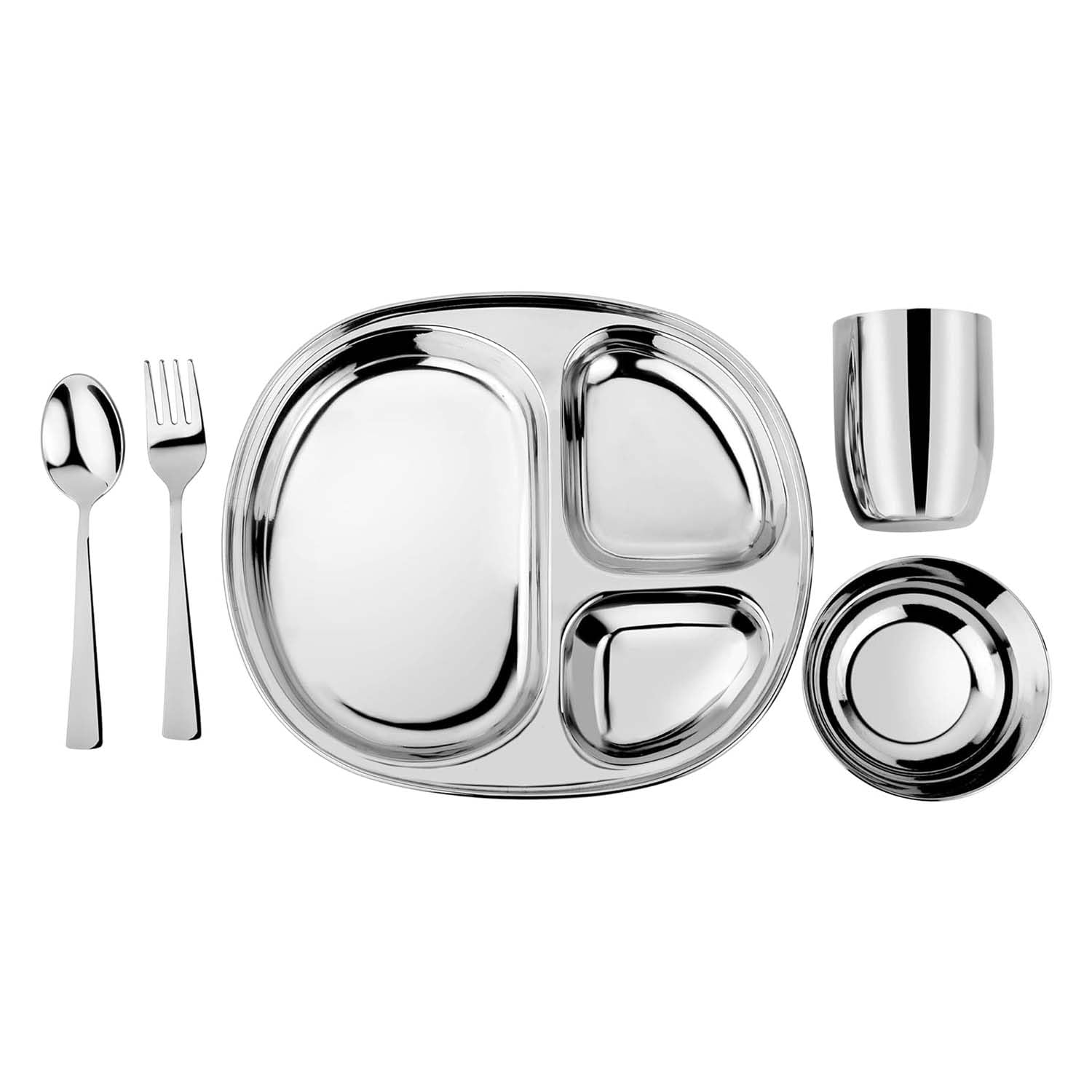 Ahimsa Stainless Steel 5 Piece Dinnerware Set - BPA Free, Pediatrician Designed, Mindful Mealtime Set - Classic Steel
