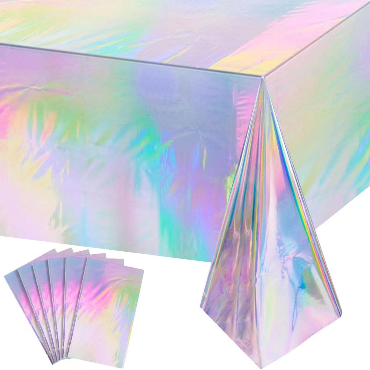 6 Pack Iridescence Plastic Tablecloths Shiny Disposable Laser Rectangle Table Covers Holographic Foil Tablecloth Iridescent Part