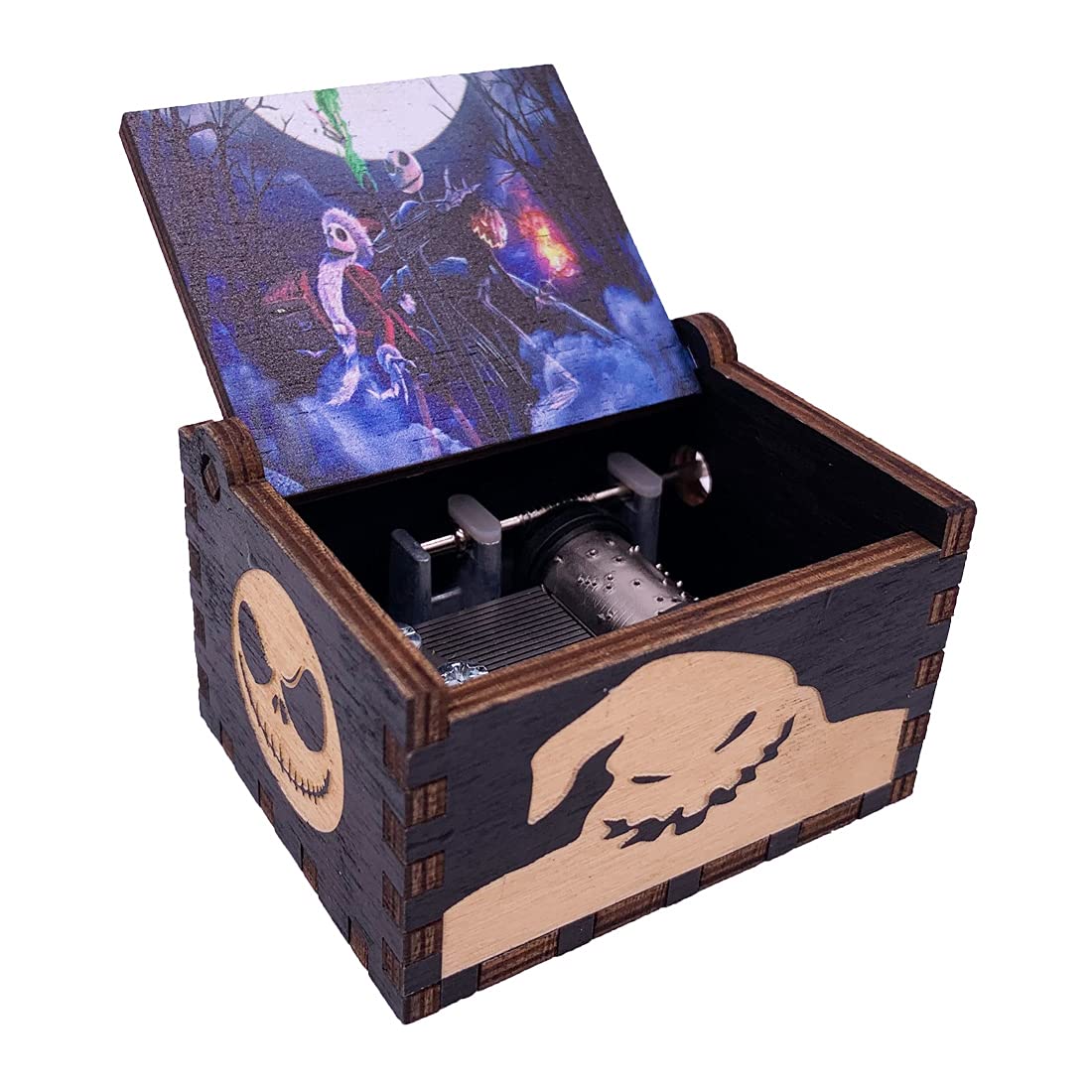 Hand Crank Music Box The Halloween Christmas Laser Engraved Wood Musical Box Jack Skellington Gift for Christmas,Birthday,Valent