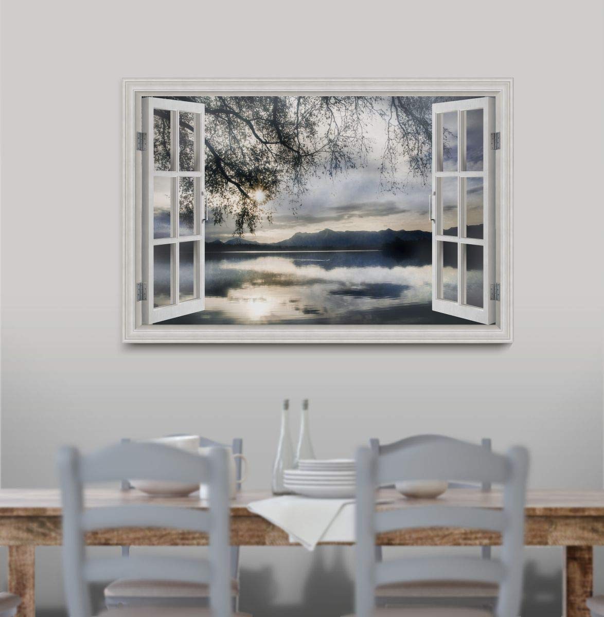 Renditions Gallery Canvas Nature Wall Art Home Paintings & Prints Serene Mountain Lake Reflection Modern Winter Window View Wall