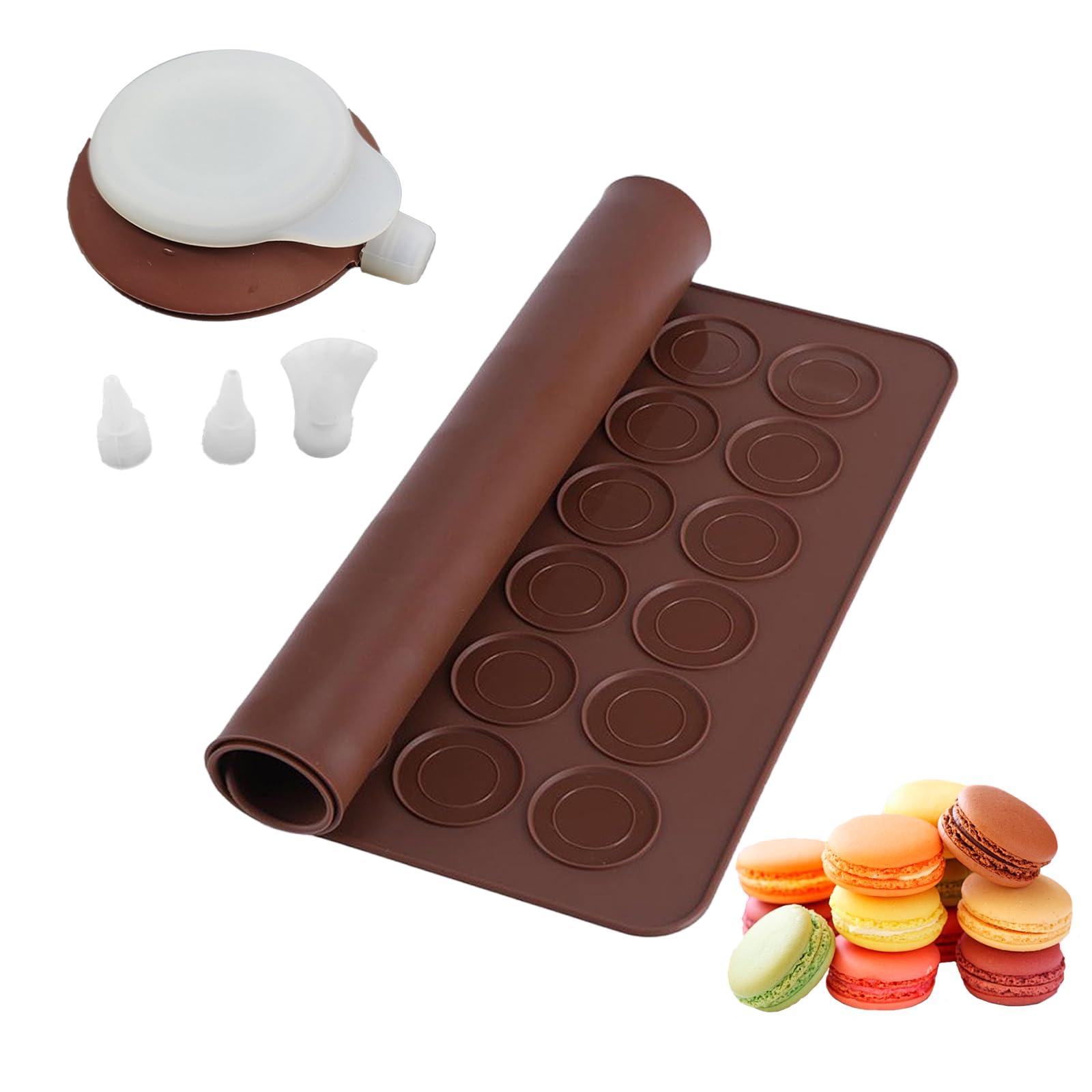 XPAPOV Silicone Macaron Baking Kit, 48 Capacity Macaron Silicone Mat and Decorating Piping Pot with 3 nozzles, Non stick Reusabl