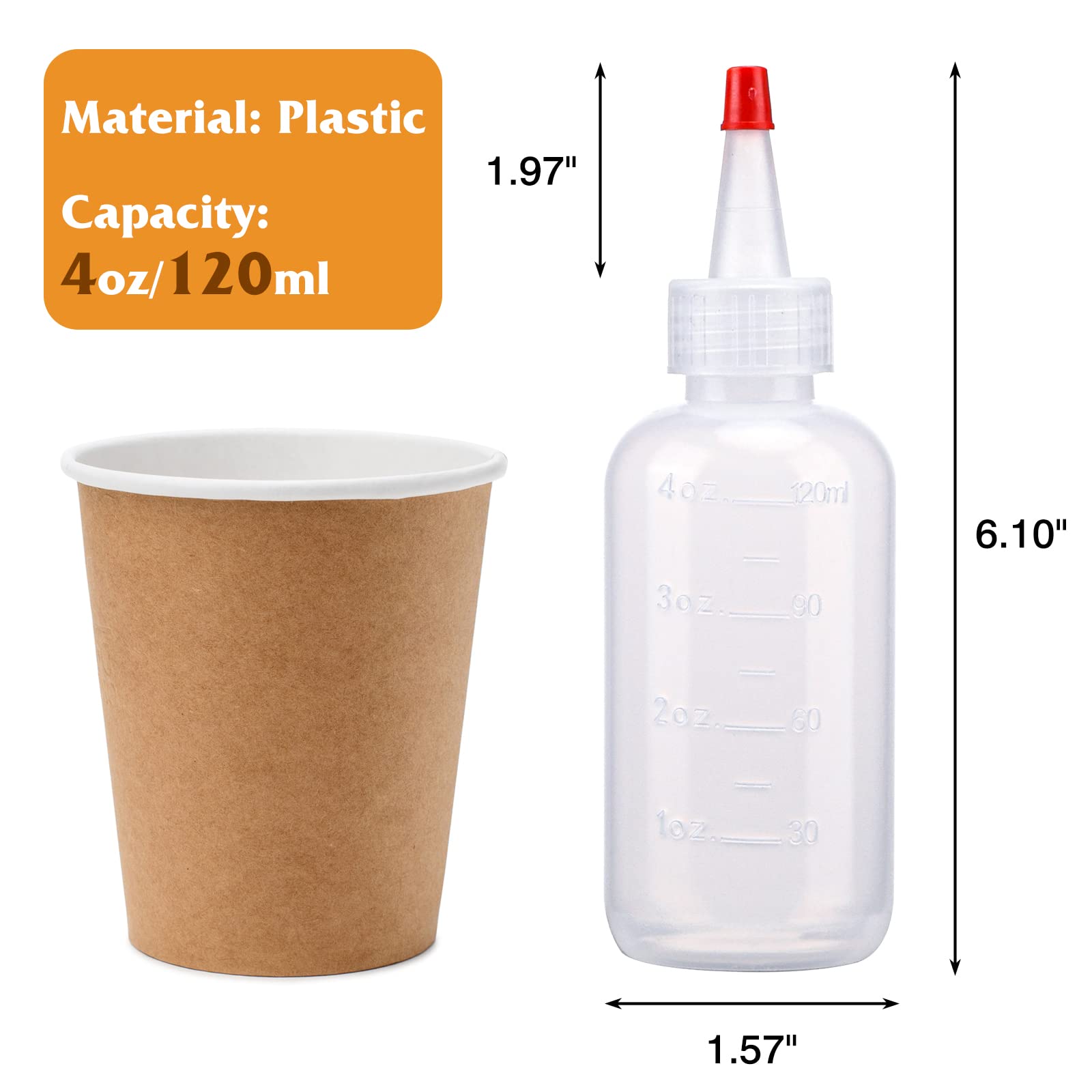 Cucumi 16Pcs 4Oz Plastic Squeeze Bottles, With Red Tip Caps And Measurement, With Extra 1 Funnel, 18 Kraft Paper Stickers And 1