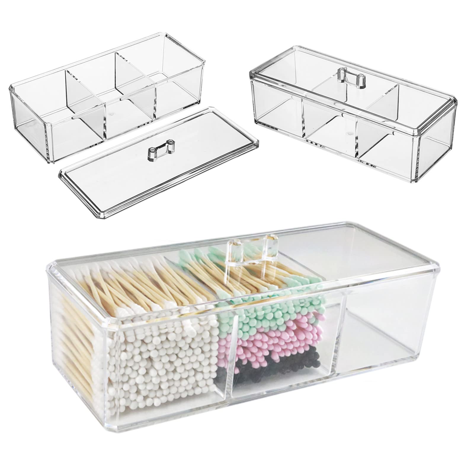 Utth-Dttk Clear Cotton Ball And Swab Holder 3 Divided Compartments With Lid, , Waterproof Bathroom Organizers Small Plastic Stor