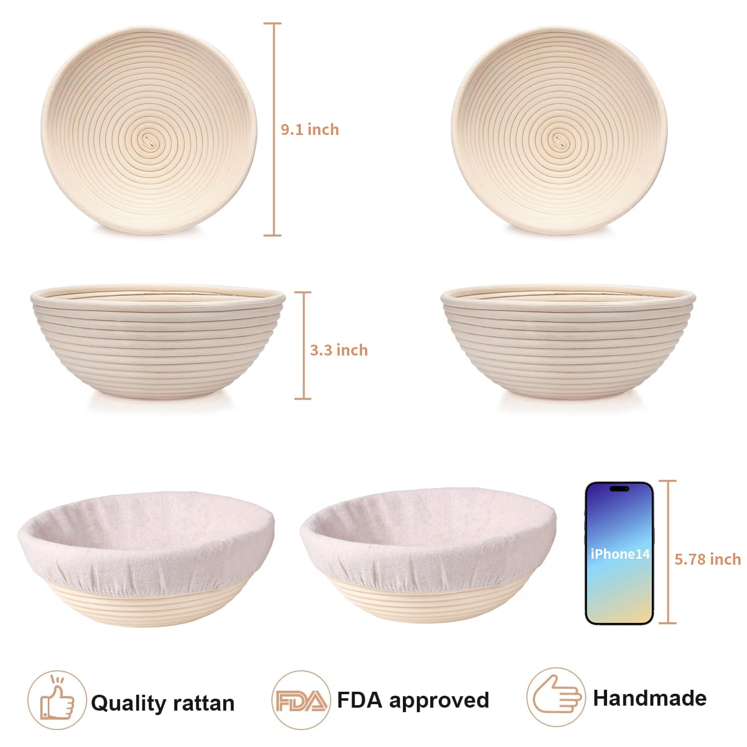 Homedisiac Banneton Bread Proofing Basket Set Of 2, 9 Inch Round Sourdough Bread Baking Supplies, Bread Making Starter Kit, Proo