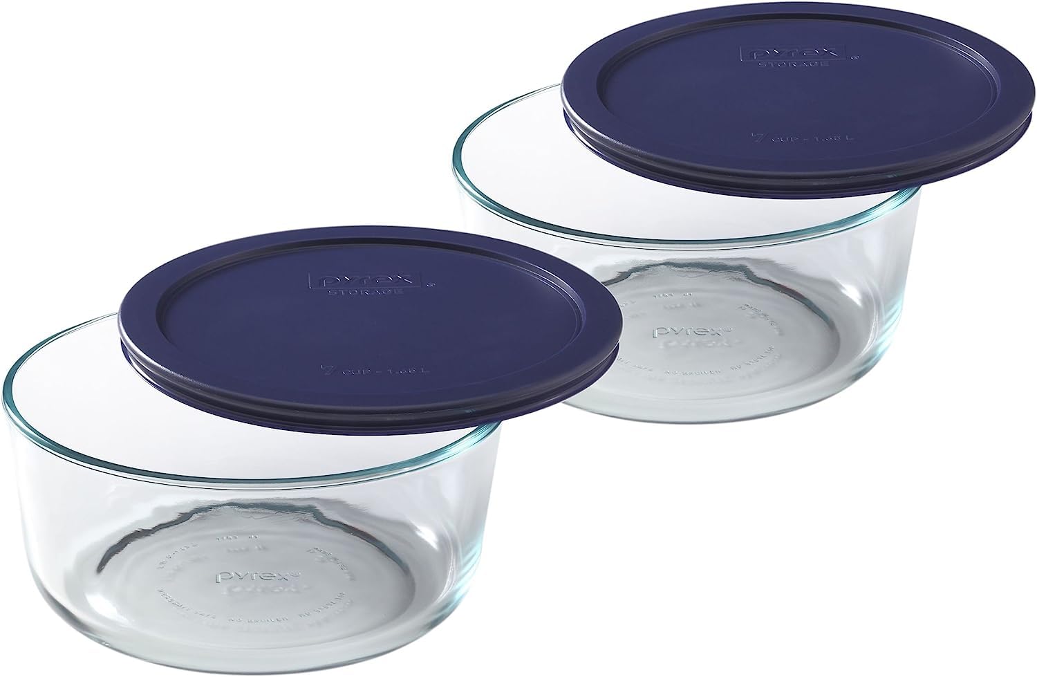 Pyrex Storage Plus 7-Cup Round Glass Food Storage Dish, Blue Cover, Pack of 2 - Original Genuine Pyrex - Made in the USA