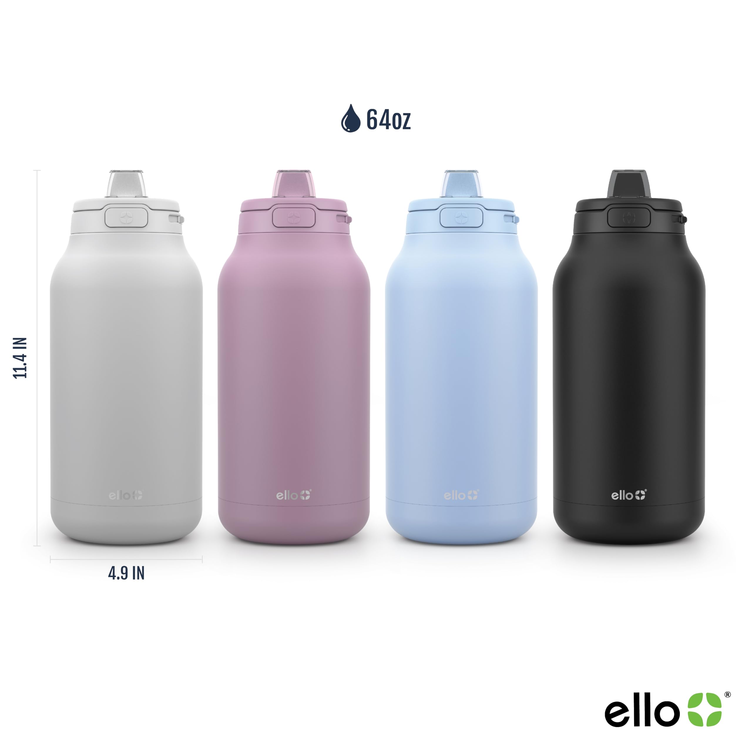 Ello Hydra 64Oz Half Gallon Vacuum Insulated Stainless Steel Jug With Locking, Leak-Proof Lid And Soft Silicone Straw, Metal Reu