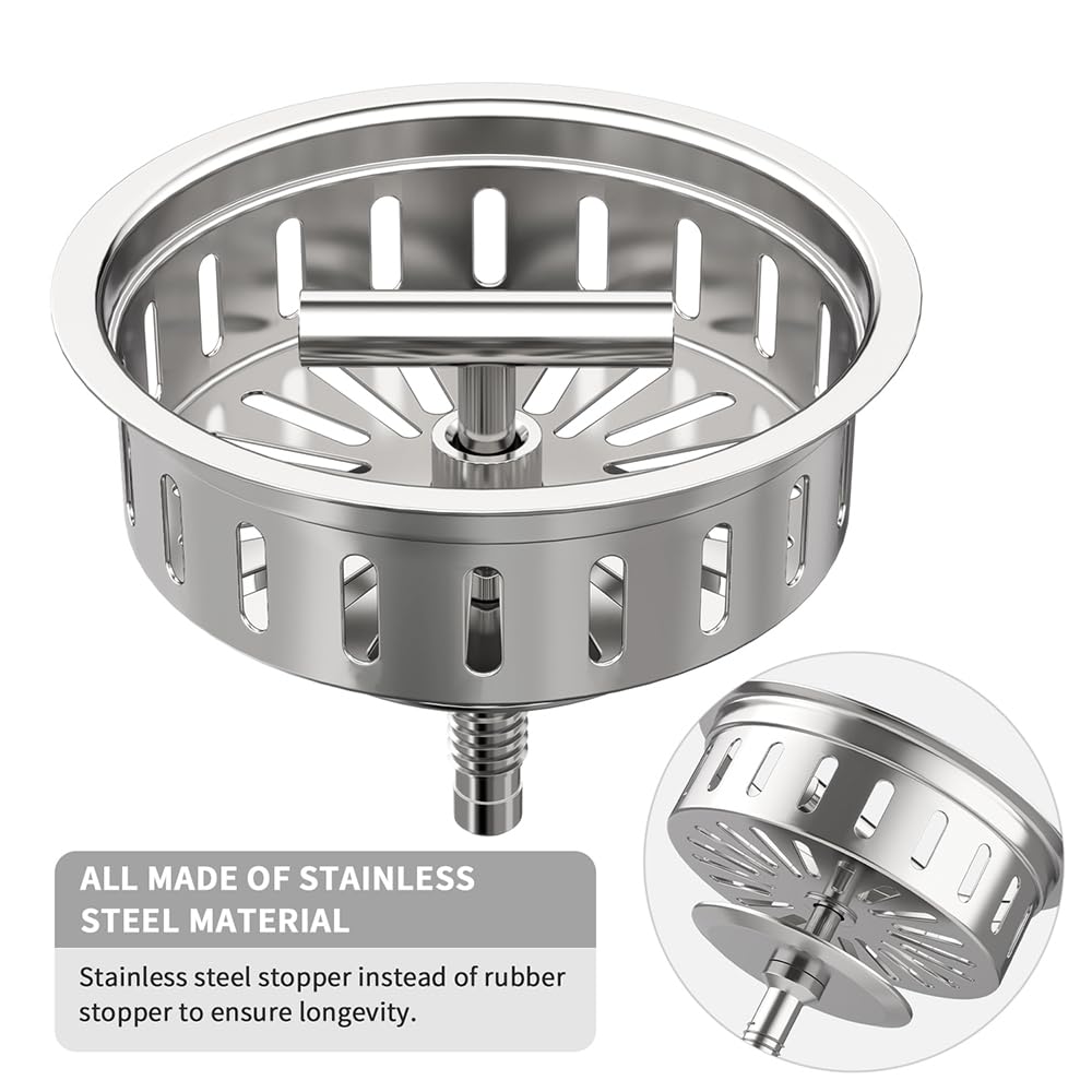 KONE 3-1/2 Inch Kitchen Sink Drain Strainer Assembly Made by All Stainless Steel with Strainer Basket/Drain Stopper  Replacement for Standard Commercial Drains