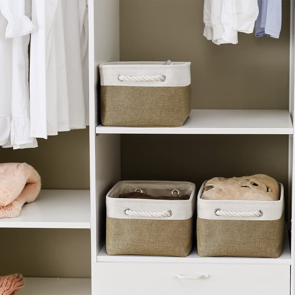 Thewarmhome Storage Basket For Organizing - 14X10X7 Inch Medium 3 Pack Collapsible Storage Bin For Shelves With Handles, Canves